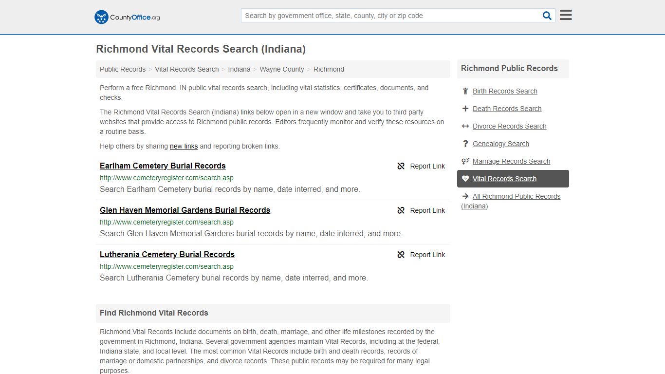 Richmond Vital Records Search (Indiana) - County Office